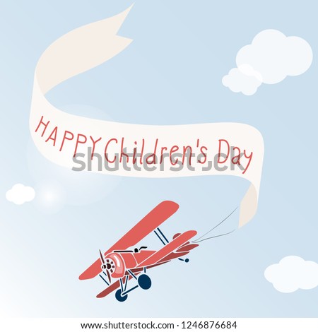 Happy Children's day poster with ribbon and retro plane on the skyes
