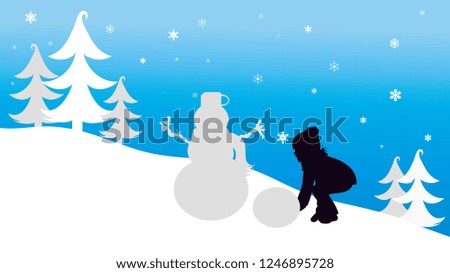 Vector silhouette of child who play with snow in the mountains in winter.