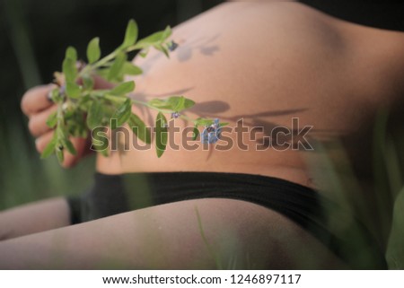 pregnant woman body: a caucasian woman in black bikini, siting, with a big pregnant belly seen from the side, with a fresh forget me not flower held over the tummy by a hand, outdoors on a sunny day
