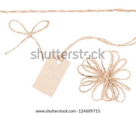 Rope bow tag. Jute wrapping collection for present and hanging pricing. Close up isolated over white