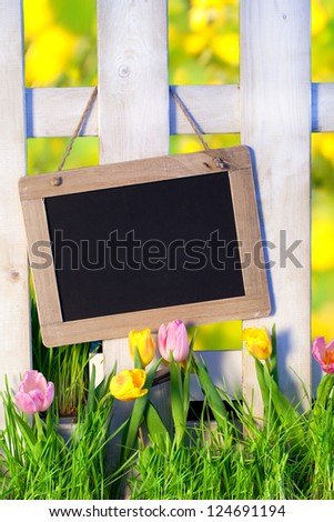 sunny spring background with fence and beautiful Tulips with a chalkboard for text, Empty Sign for message - happy easter