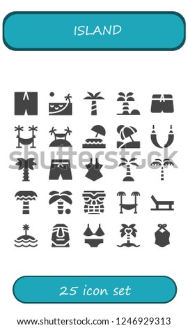 Vector icons pack of 25 filled island icons. Simple modern icons about  - Swimsuit, Beach, Palm tree, Coconut tree, Hammock, Island, Vacation, Tiki, Moai