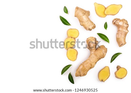 fresh Ginger root and slice isolated on white background with copy space for your text. Top view. Flat lay Royalty-Free Stock Photo #1246930525
