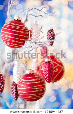 Christmas greeting card. Cone decoration on bokeh background. New Year concept. Copy space.  Flat lay. Top view.