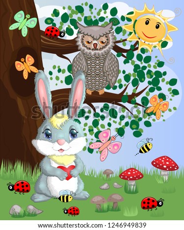 Bunny with a heart in a forest glade. Spring, love, postcard