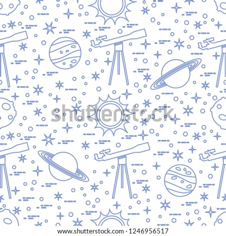 Seamless pattern with telescope, sun, planets, stars. Space exploration. Astronomy. Science