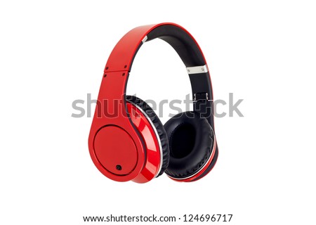 Red headphones isolated on a white background. Royalty-Free Stock Photo #124696717