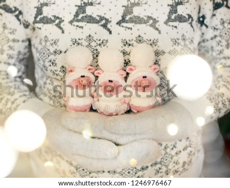 Handmade knitted toys. Christmas pigs in a white sweaters and hats with a large pompoms on a women's hand with light background of christmas ornaments and lights