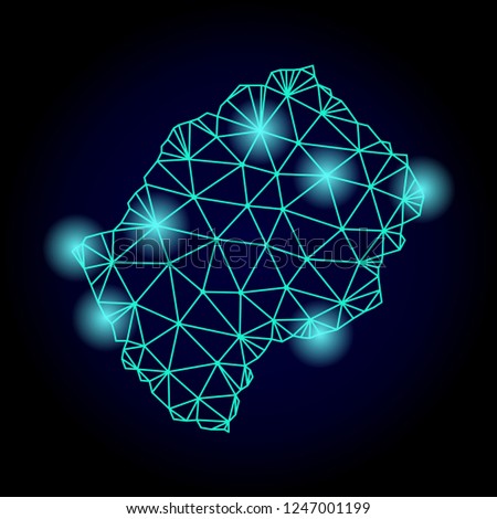 Glossy polygonal mesh map of Lesotho with glow effect. Abstract mesh lines, triangles, light spots and points on dark background with map of Lesotho.