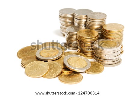 pile of Columns of  coins on white background