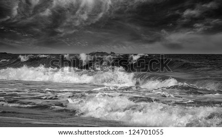 The larger waves monochrome photo. The coast of the Indian ocean. Sri Lanka