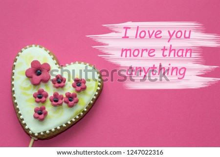 Gingerbread heart on pink background. I love you concept. Gift for womans and valentines day