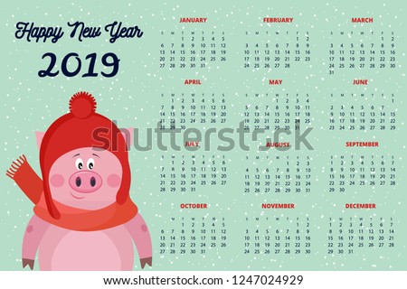 Year 2019 monthly calendar with cute pig. Week starting from Sunday. 