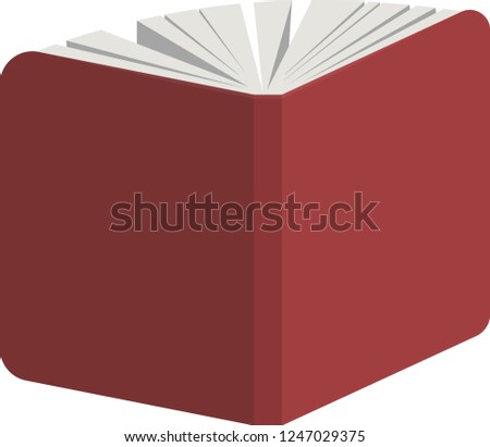 Unfolded red hardcover book on white isolated background. Education, science, textbook, library, book day, knowledge, author, writer