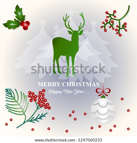 Merry Christmas and Happy New Year card design with berries, tree and deer

