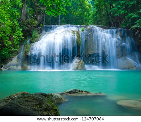 Deep forest waterfall at Erawan waterfall National Park Kanjanaburi Thailand Royalty-Free Stock Photo #124707064
