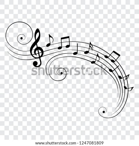 Music notes on staves with swirls, isolated, vector illustration. Royalty-Free Stock Photo #1247081809