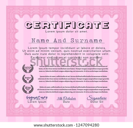 Pink Certificate template. Vector illustration. With background. Good design. 