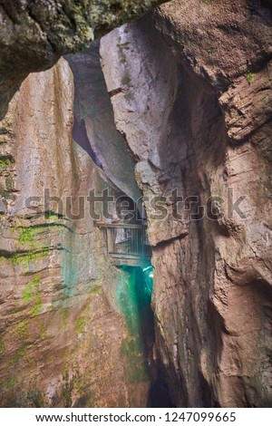 Waterfall Varone cave park near Lake Garda,view of the gorge of Varone, Trentino Alto Adige, Italy