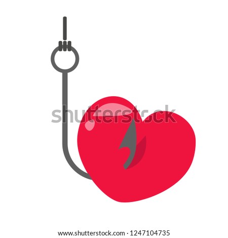 Fishing hook with a bait in the form of a heart. Vector illustration in cartoon style.