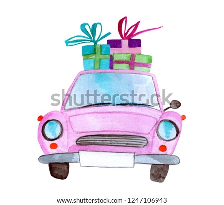 Hand painted pink Watercolor car with gifts on roof