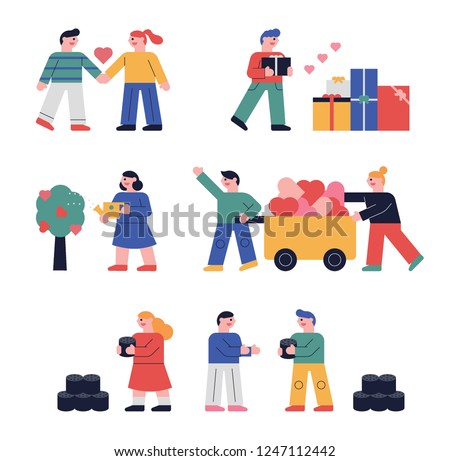 A set of people who share a warm heart and donate to their neighbors. flat design style vector graphic illustration.