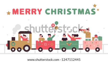 children with present train illustration Christmas greeting card. flat style vector graphic design.