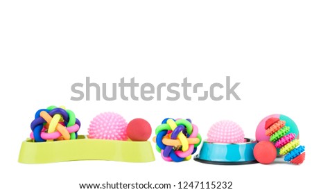 Pet accessories concept. Pet Stainless bowls with toy on isolated white background.