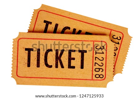 Two old movie tickets isolated white background.