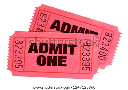 Two red admit one tickets isolated white background.