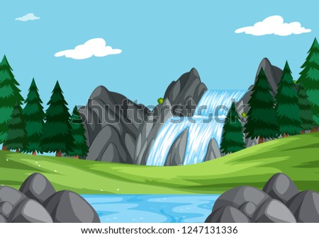A waterfall in nature landscape illustration