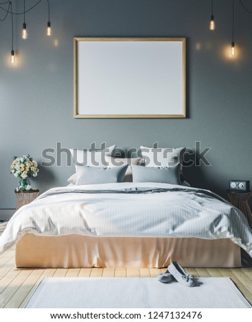 Frame mockup in interior. Cozy bedroom with empty poster frame.