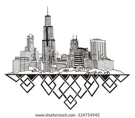 Chicago, IL Skyline. Black and white vector illustration EPS 8. Royalty-Free Stock Photo #124714942
