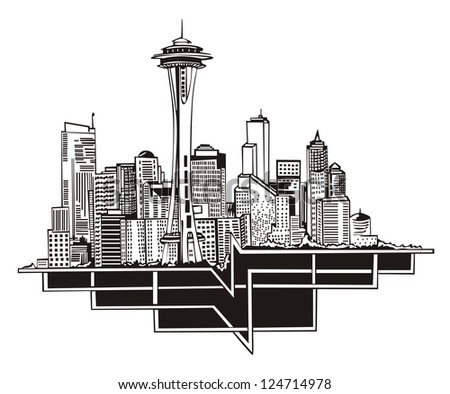 Seattle, WA Skyline. Black and white vector illustration EPS 8. Royalty-Free Stock Photo #124714978