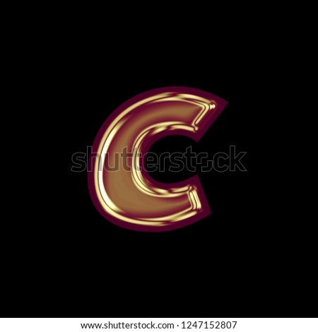 Shiny colorful golden red letter C (lowercase) in a 3D illustration with a glossy gold red color and smooth surface in a basic bold font on a black background with clipping path