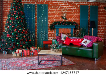 Image of chimney and decorated Christmas tree with gift. Christmas interior. Royalty-Free Stock Photo #1247185747