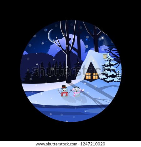 Christmas, new year round sign of winter snowy night landscape with little house and cute snowmen isolated on black background. Vector illustration, icon, sticker, clip art, logo design element.