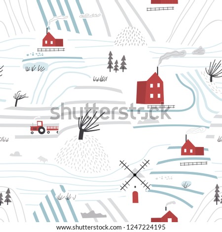 Seamless winter landscape. Hand drawn seamless pattern with house, trees and mountains. Nordic nature landscape concept. Perfect for kids fabric, textile, nursery wallpaper.