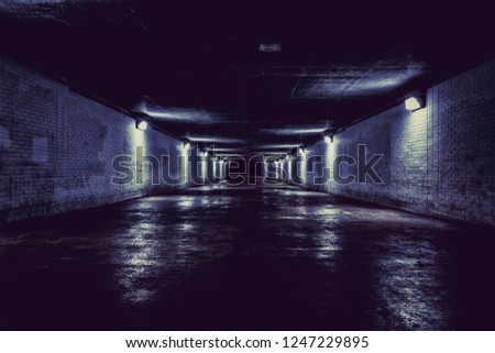 Empty dark tunnel at night with lights
