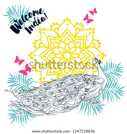 "Welcome India" banner with beautiful peacock, mandala and tropical decoration, vector illustration