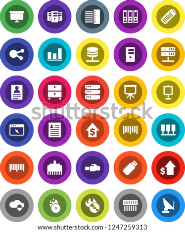 White Solid Icon Set- presentation vector, archive, personal information, graph, dollar growth, binder, board, barcode, music hit, social media, server, network, cloud shield, big data, browser, hub