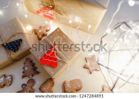 Christmas gingerbread and gifts. New year prepearing