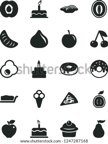 Solid Black Vector Icon Set - cake vector, piece of pizza, slices onion, muffin, slice, birthday, with a hole, glazed, cone, fried egg, cherry, half apricot, red apple, fig, melon, tangerine, guawa