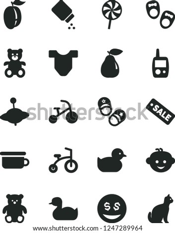 Solid Black Vector Icon Set - baby powder vector, Child T shirt, rubber duck, duckling, toy mobile phone, children's potty, teddy bear, small, hairdo, yule, bicycle, tricycle, lollipop, pear, pets