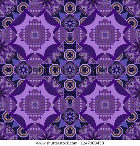 Design in purple, violet and black colors. Seamless ceramic tile with colorful patchwork. Vector multicolor pattern in turkish style. Islam, Arabic, Indian, ottoman motifs.