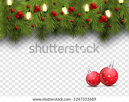 Realistic pine leaves, baubles and holly berries decorated on png background for Merry Christmas celebration. Royalty-Free Stock Photo #1247333689