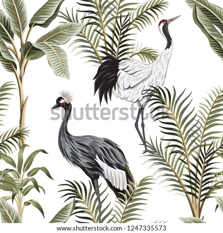 Tropical vintage botanical green palm tree, crane floral seamless pattern white background. Exotic jungle wallpaper.