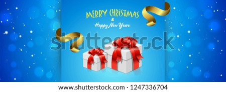 Website banner or header design with gift boxes on blue bokeh background for Merry Christmas and Happy New Year celebration.