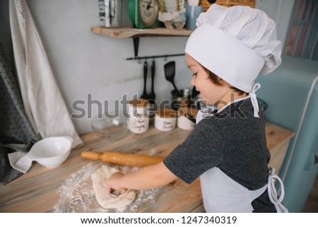 Young boy cute on the kitchen cook chef in white uniform and hat near table. Christmas homemade gingerbread. the boy cooked the chocolate cookies