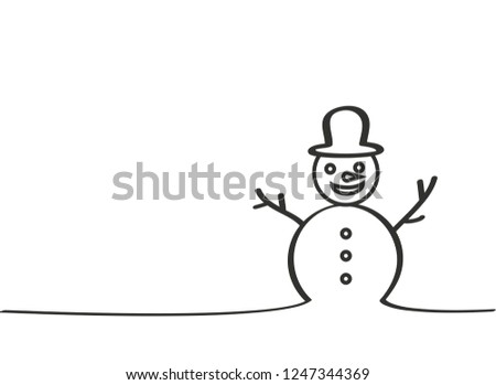 Christmas Snowman. Line drawing. Vector illustration on white background. New Year. Winter